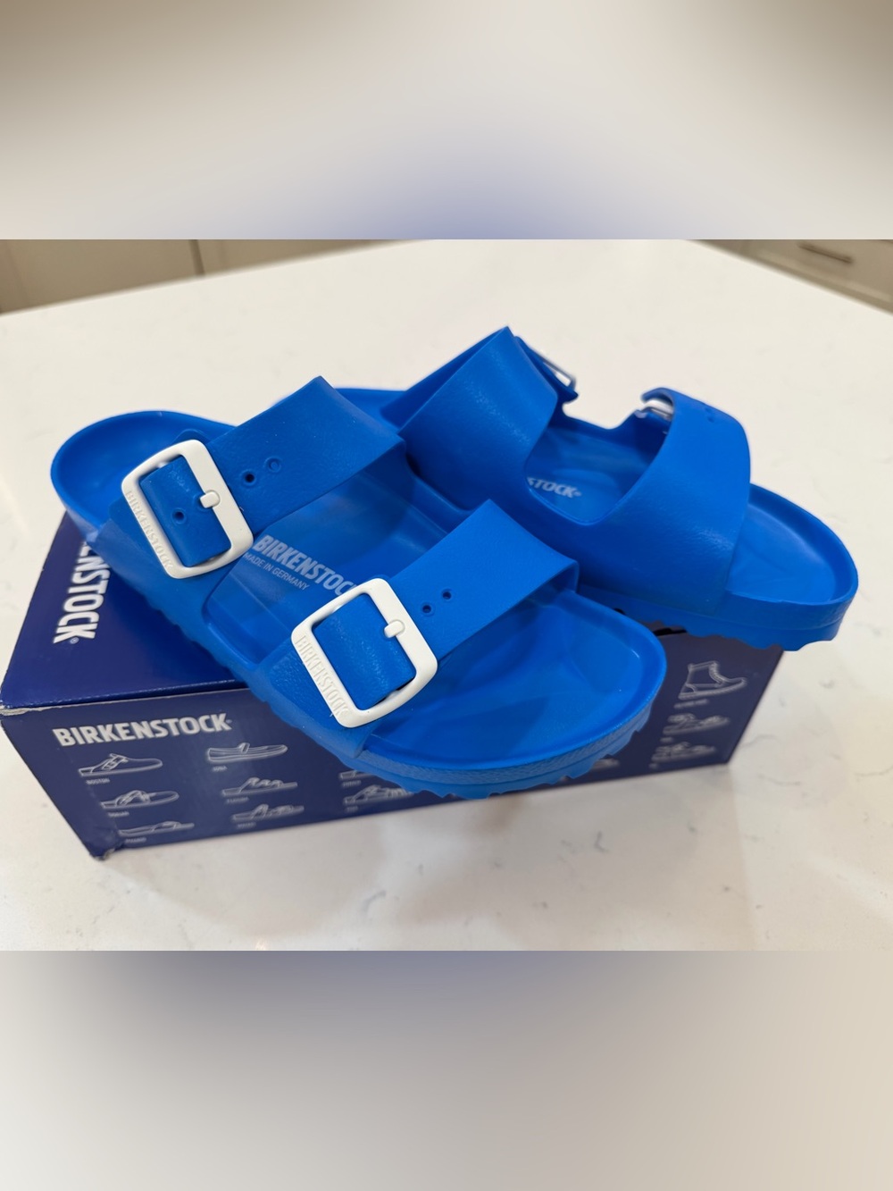 Birkenstock Bright Blue Two-Strap Sandals with White Buckles- 39